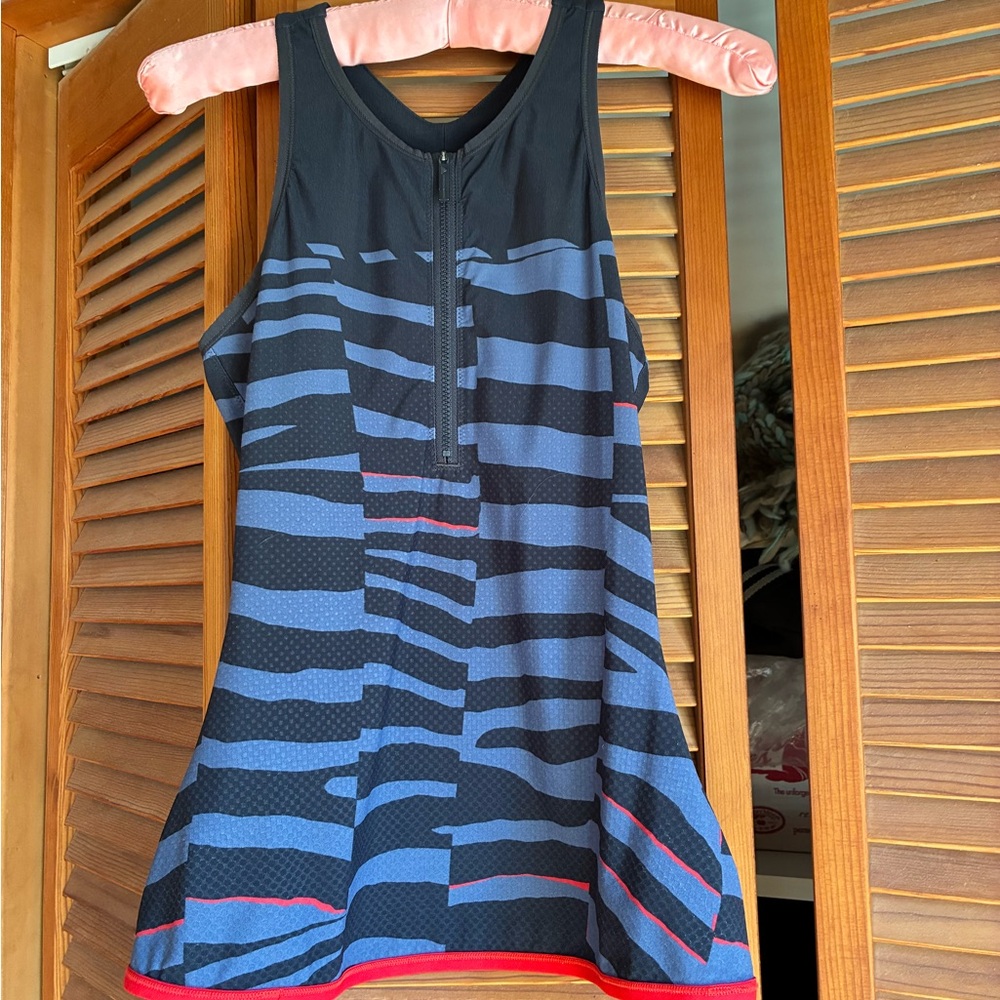 Adidas by Stella McCartney Blue and Black Tiger-ish Stripe Tank  Red Accents